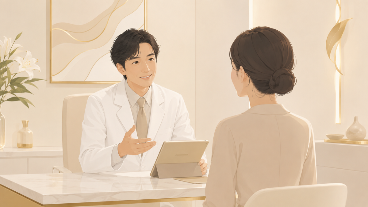 カウンセリングで説明する男性医師のイラスト