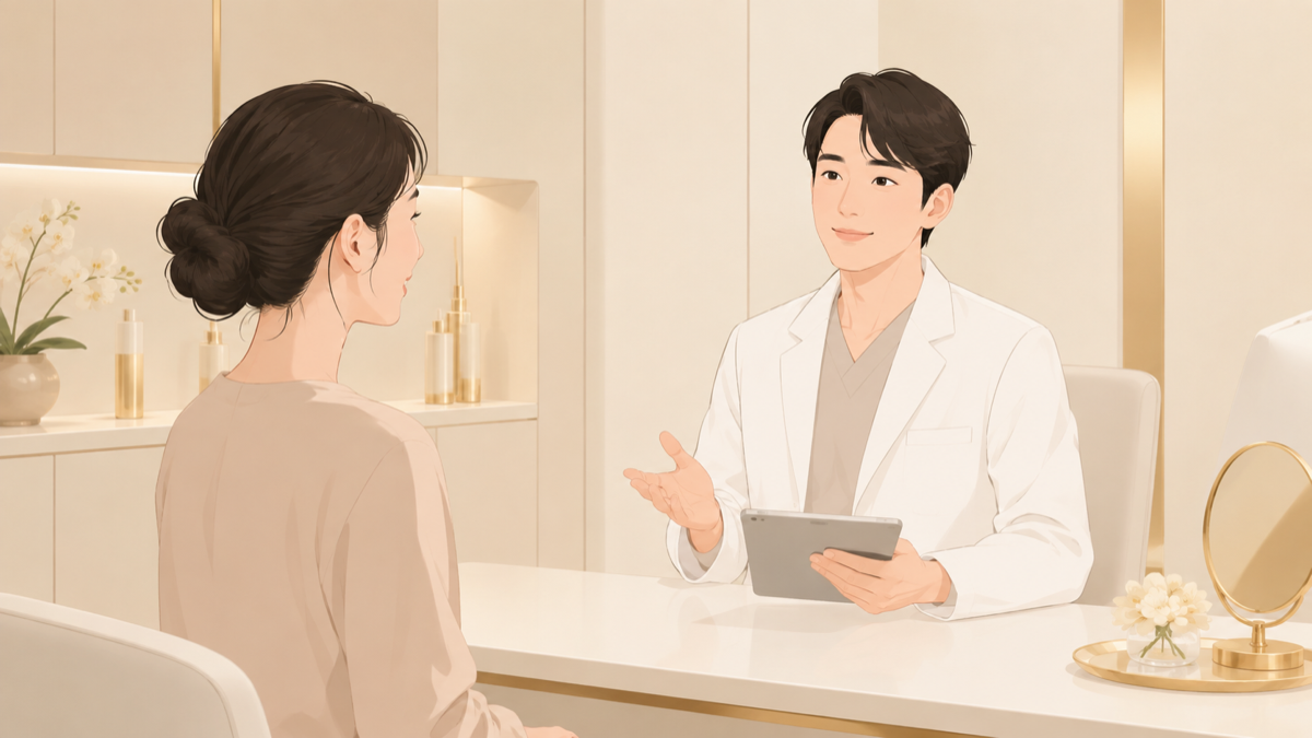 糸リフト2回目のタイミングを相談する女性と男性医師のイラスト