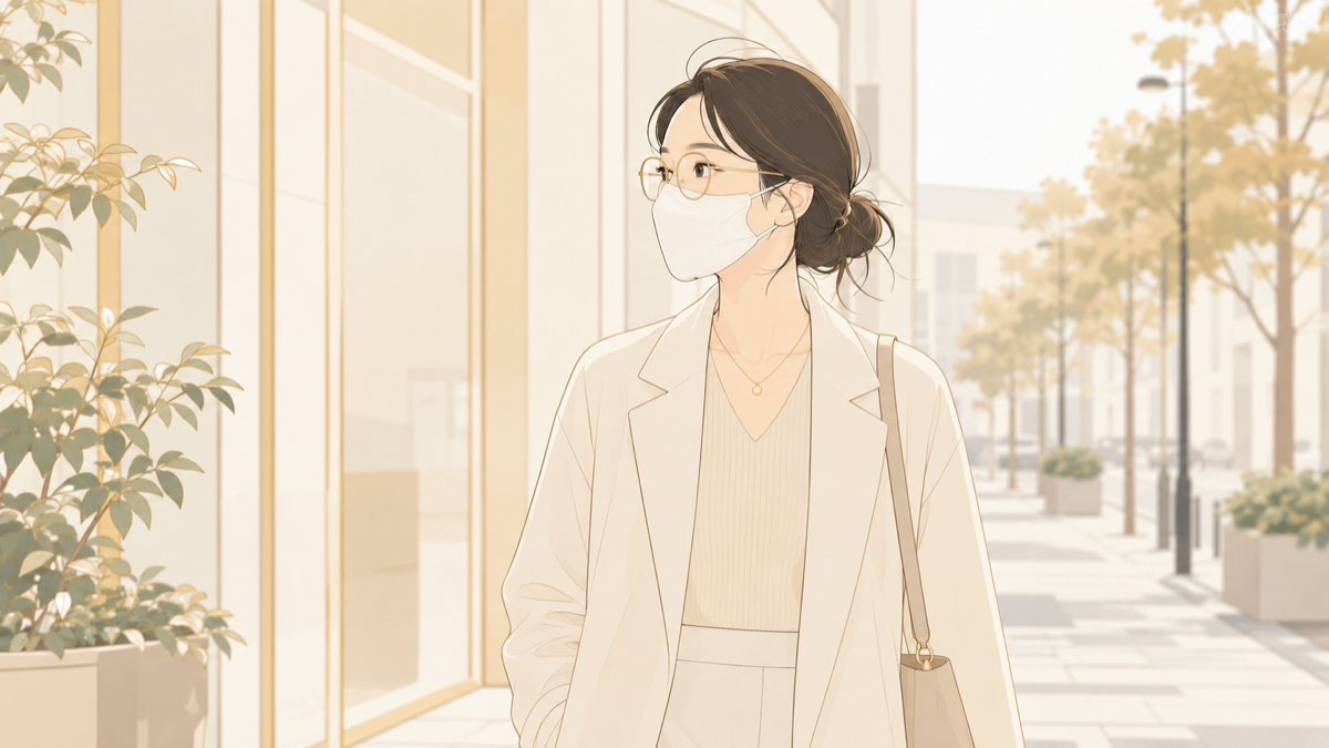 糸リフトのダウンタイム中にマスクとメガネで過ごす女性のイラスト
