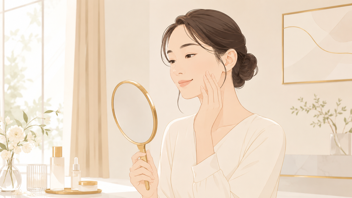 糸リフト後の引きつれを鏡で確認する女性のイラスト