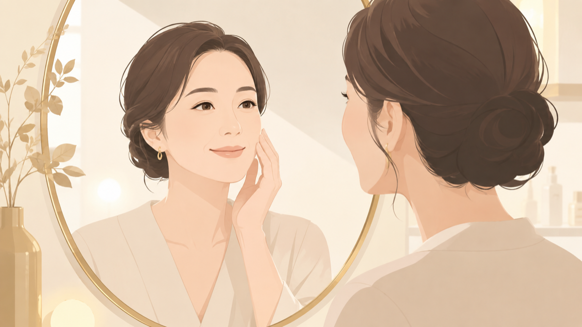 30代後半から40代の女性が鏡で肌状態を確認するイラスト