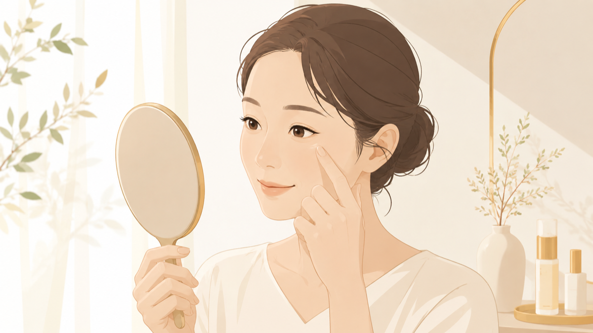 鏡で目の下のクマの色を確認する女性のイラスト