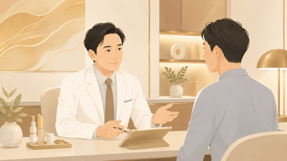 男性のクマ取り施術説明を受ける患者と医師のイラスト