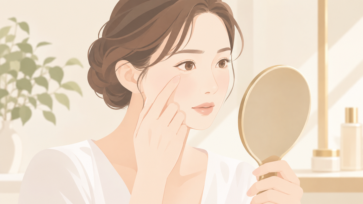 目の下のクマを鏡で確認する女性のイラスト