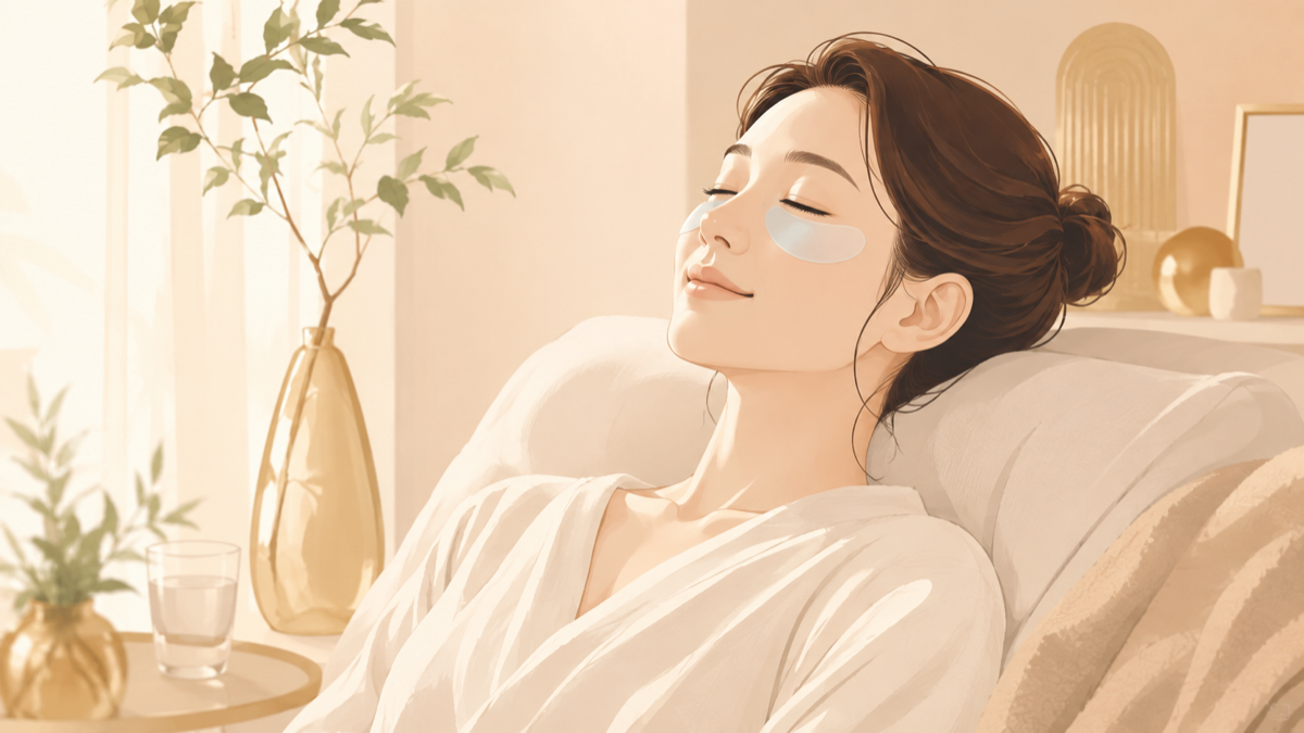 クマ取り後のダウンタイムでケアする女性のイラスト