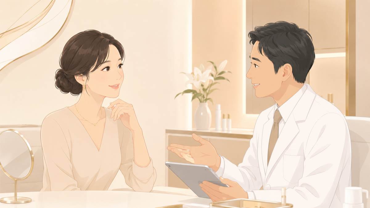 クマ取りとヒアルロン酸の併用を相談する女性と男性医師のイラスト