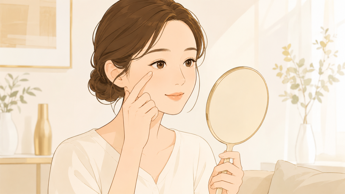 クマ取り後の経過を鏡で確認する女性のイラスト