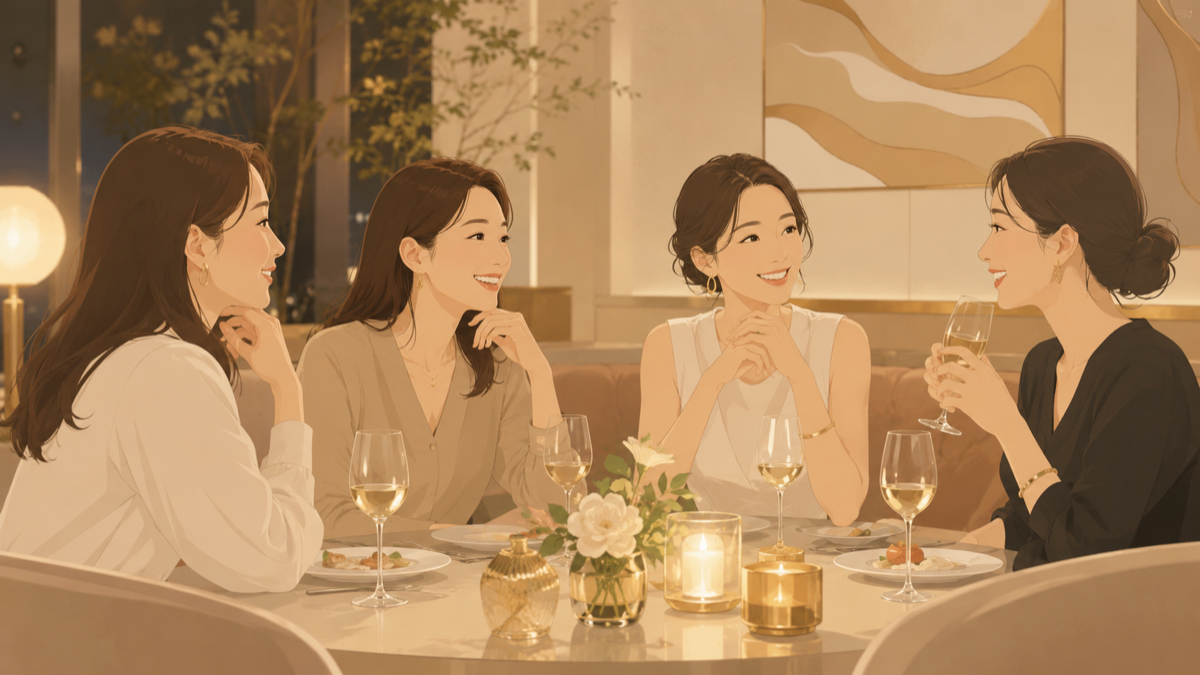 同窓会や会食で自然な表情で談笑する女性たちのイラスト