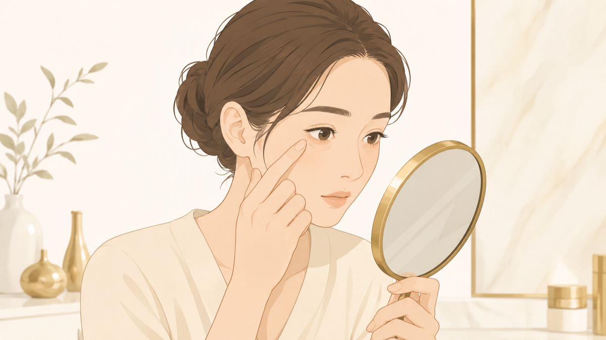 クマ取り後のくぼみを気にして目元を確認する女性のイラスト