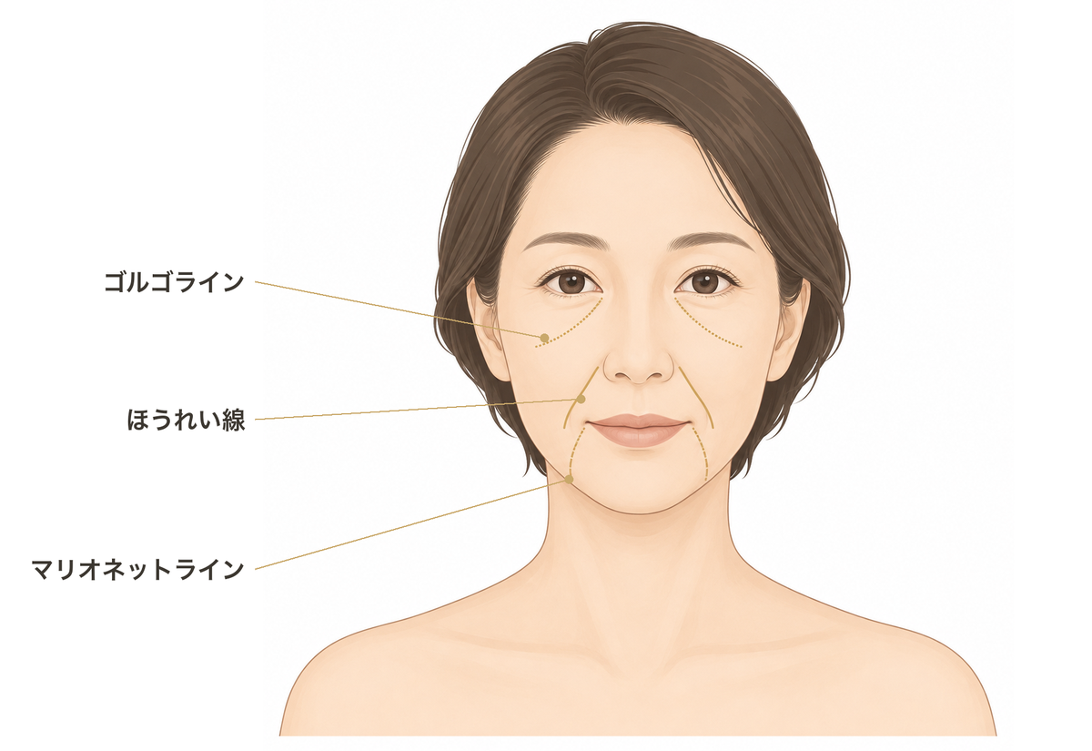 たるみの層構造(皮膚・皮下脂肪・SMAS筋膜)を示す図解