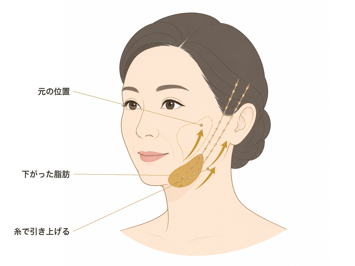 糸リフトの糸の方向（ベクター）設計を示す図解