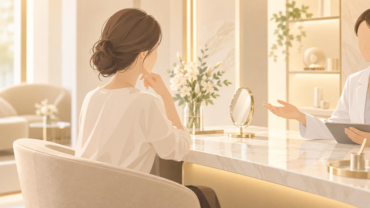 ハイフと糸リフトのどちらを選ぶか検討する女性のイラスト