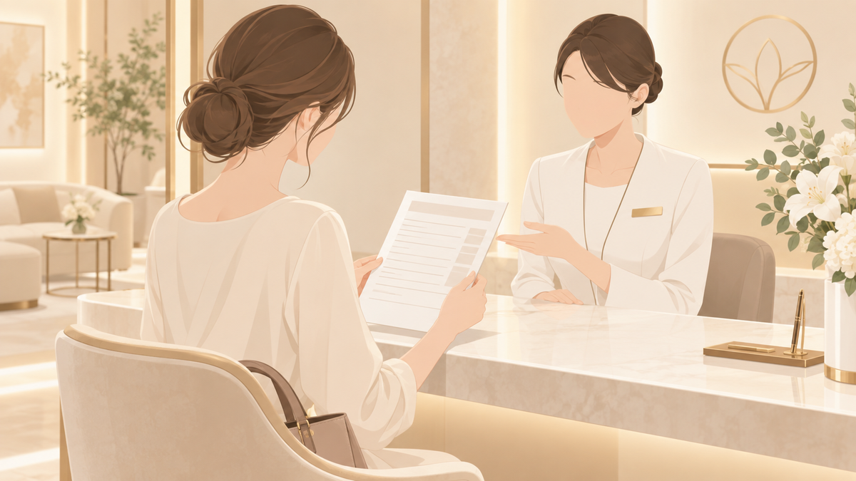 たるみ治療の費用を確認する女性のイラスト