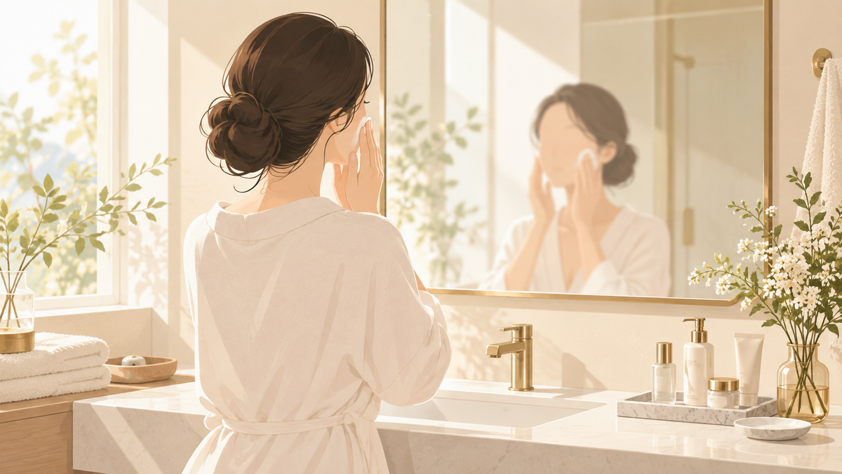 たるみ予防のケアを続ける女性のイラスト